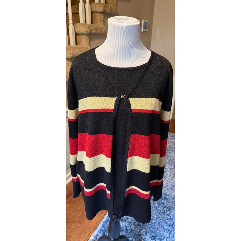 Sag Harbor Woman Black Red Gold Metallic Striped Sweater Twin Set Cardigan 1X